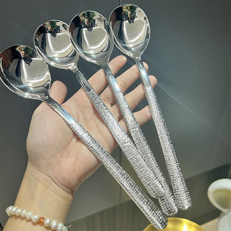 Korean Style Ice Pattern Spoon Soup Spoon Stainless Steel Hammered Long Handle Spoon Dining Western Soup Spoon Student Spoon Adult Rice Spoon