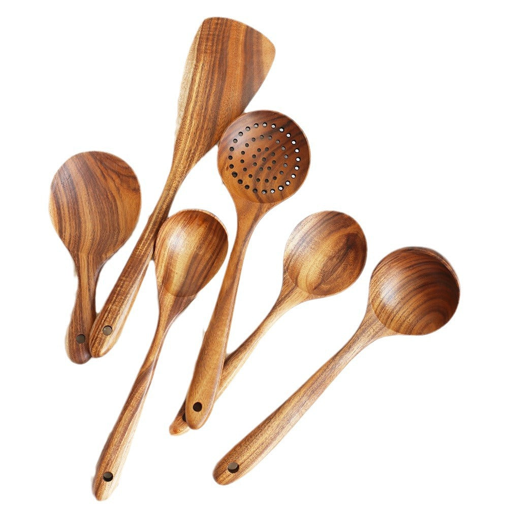 Acacia Wood Spatula Teak Wood Spatula and Spoon Set Solid Wood Household Cooking Spoon Strainer Spoon Small Leaf Three-Line Frying Spatula In Stock