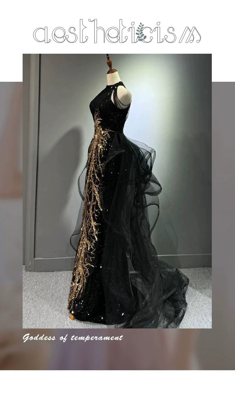New Evening Dress Black High-End Slim Fit Elegant Socialite Host Halter Neck Mermaid Dress Wedding Toast Dress