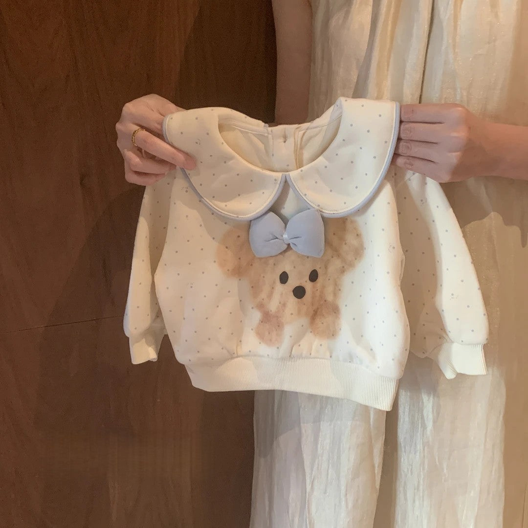 Sweet Little Girl Outfit Set for Spring and Autumn, New Fashionable Bear Doll Collar Sweatshirt with Plaid Patchwork Base for Baby Girls