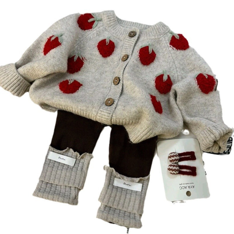 Little Salted Lemon Girl's Autumn Outfit Set25New Children's Clothing Baby Girl Spring and Autumn Strawberry Knitted Jacket Cardigan Two-piece Set