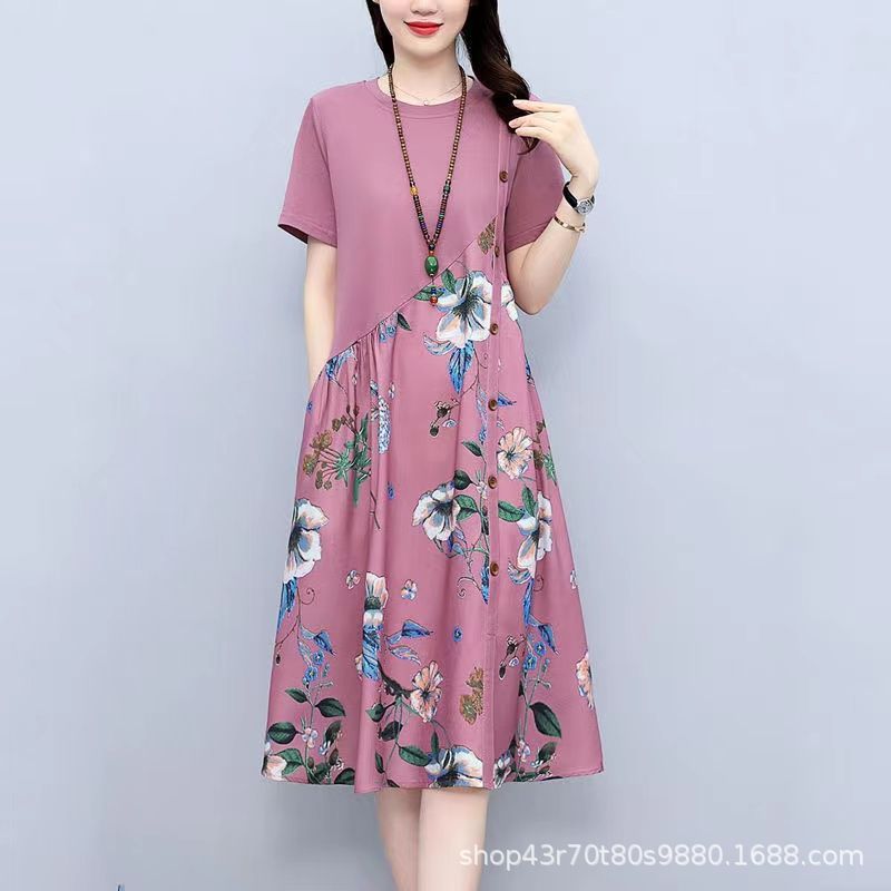 Summer Plus Size Fashion Patchwork Dress2025New Loose Slimming Belly-Covering Age-Reducing Elegant Fake Two-Piece Dress