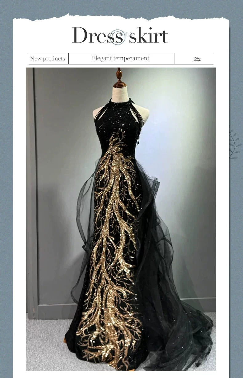 New Evening Dress Black High-End Slim Fit Elegant Socialite Host Halter Neck Mermaid Dress Wedding Toast Dress