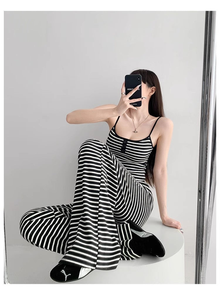 Home Lazy Relaxed Striped Slimming Wide-Leg Pants for Women Summer Hot Girl Fashion Camisole Vest Casual Two-Piece Set