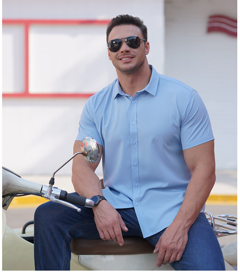 Plus Size Men's Clothing Fat Guy Summer Thin Short Sleeve Shirt Fat Brother Business Casual Loose Slightly Elastic Solid Color Professional Shirt