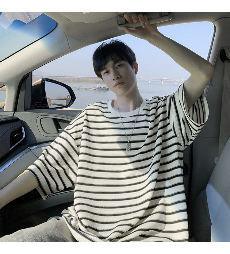 American striped short sleeve t Men's Summer Trendy Neck Loose Cotton