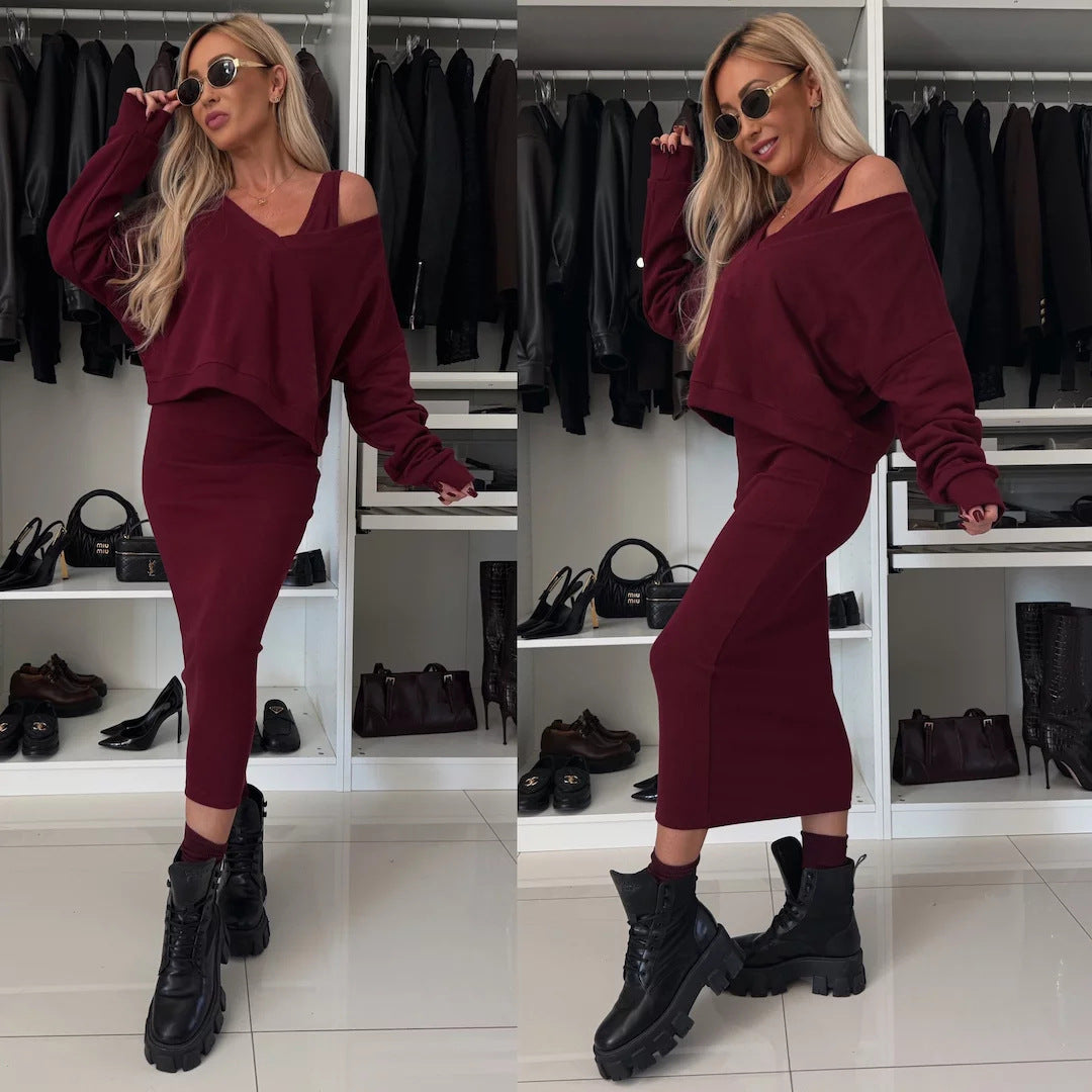 Amazon European and American Cross-Border New Spring Summer Women's Solid Color Clothing V Collar Long Sleeve Sweater Sling Slim Fit Long Dress2Set