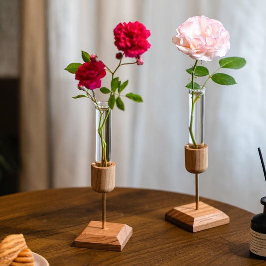 Creative Home Desktop Ornament Wooden Vase Test Tube Transparent Glass Hydroponic Plant Flower Arranger Simple Country Style
