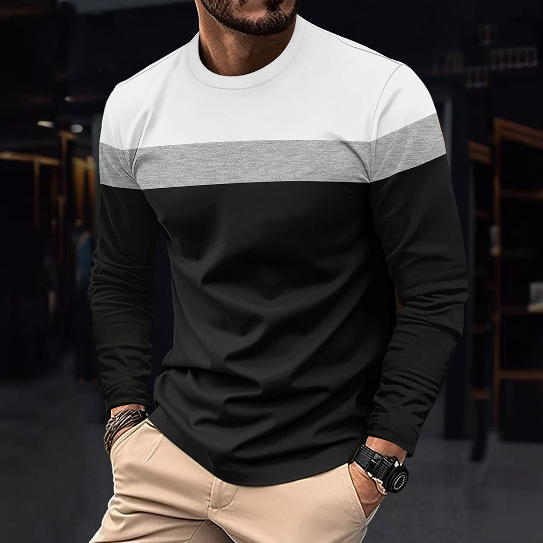Cross-Border Trade Plus Size Autumn Winter Men's Crew Neck Long Sleeve Color Block Base Shirt Pullover Thin Long Sleeve T Men's T-shirt