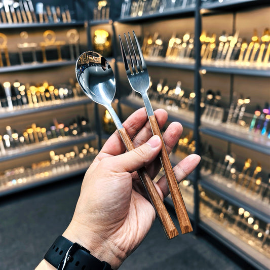 Stainless Steel Clip Handle Tableware Japanese and Korean ins Imitation Wood Grain Handle Steak Knife Fork Spoon Set Wooden Handle Dessert Spoon