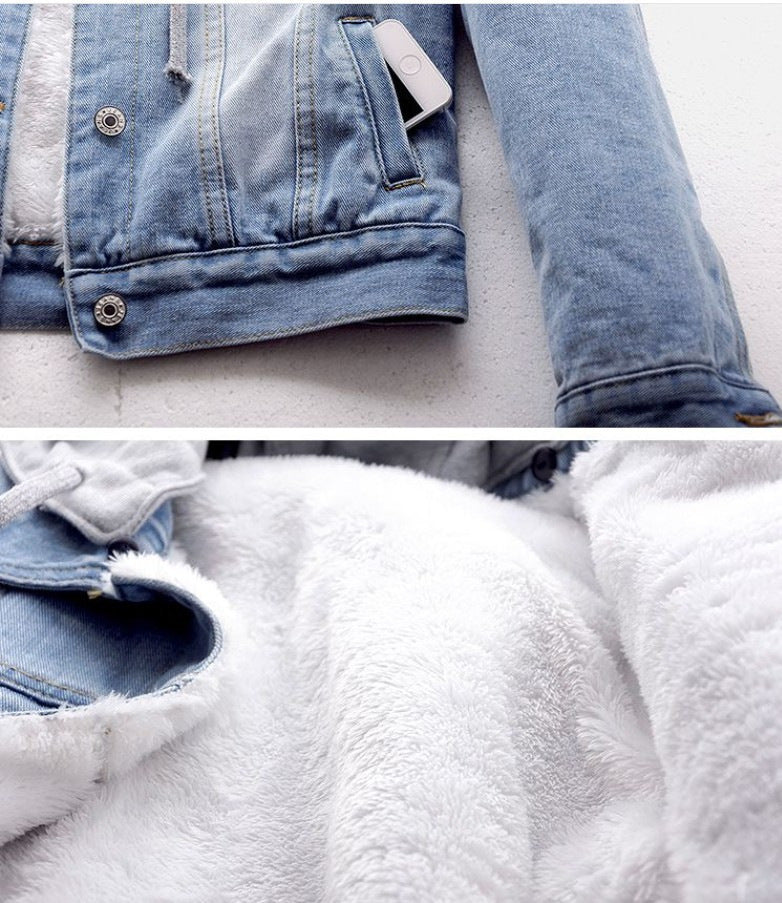 In-stock Short Cotton Jacket2025Winter Fleece-Lined New Cotton Jacket Loose Korean Style Denim Fur Collar Thickened Coat for Women