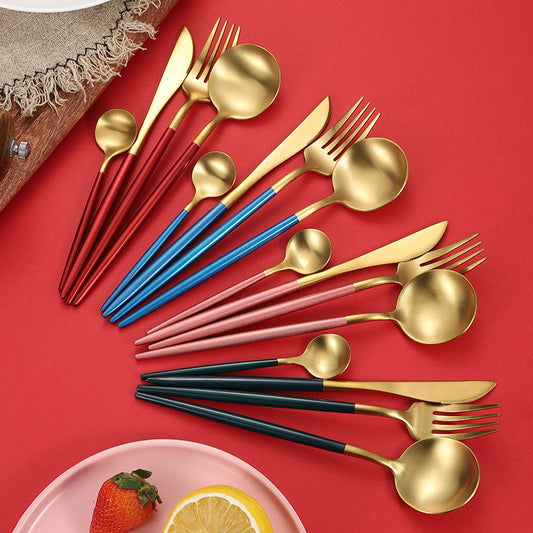 Cross-Border304Stainless Steel Portuguese Cutlery Set Knife Fork Spoon Round Handle Thick Western Cutlery Nordic Hotel Steak Knife