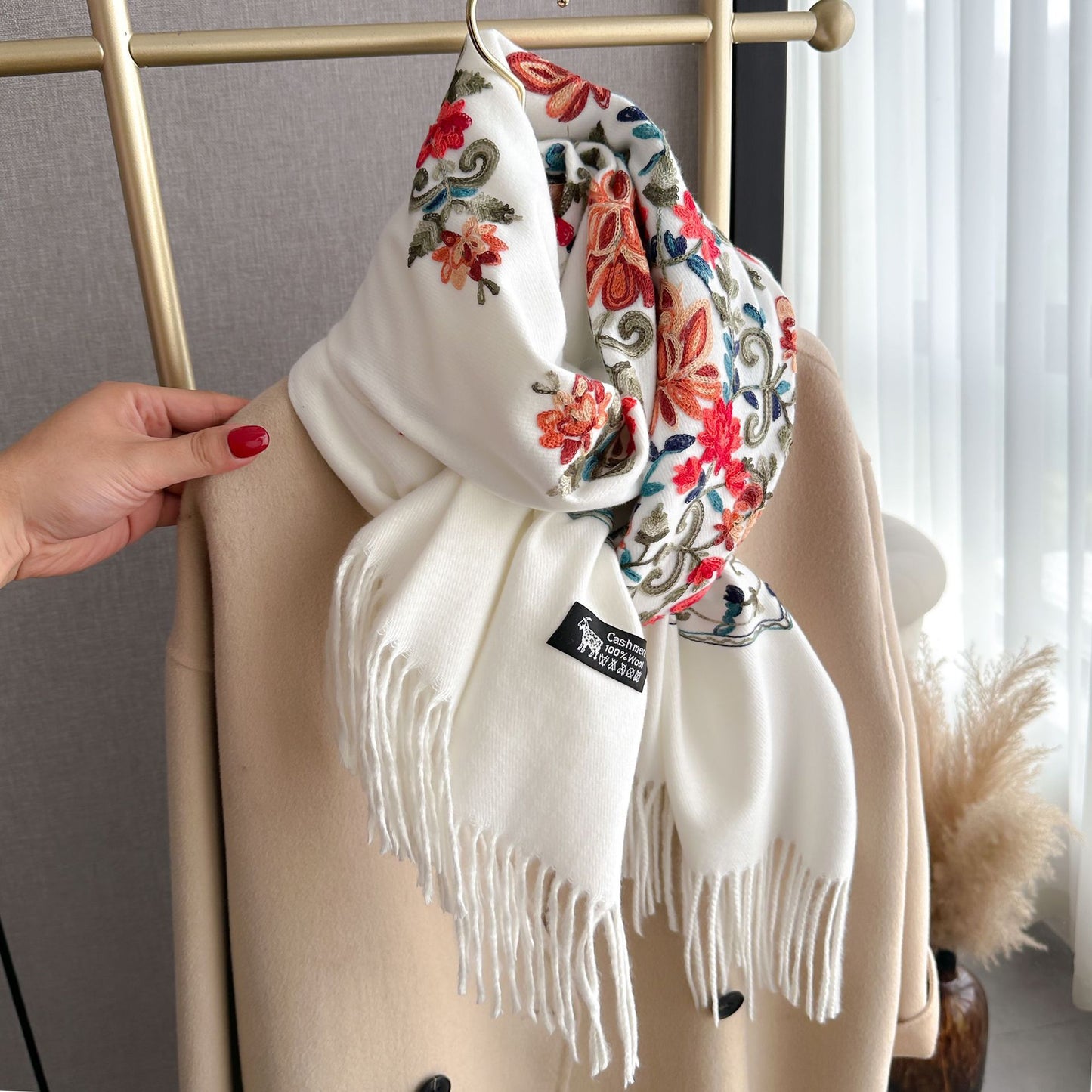 Bright Red Gold Thread Embroidered Scarf for Women Winter Versatile Wool Thickened Warm Cashmere Large Shawl for Women Dual-use Outerwear