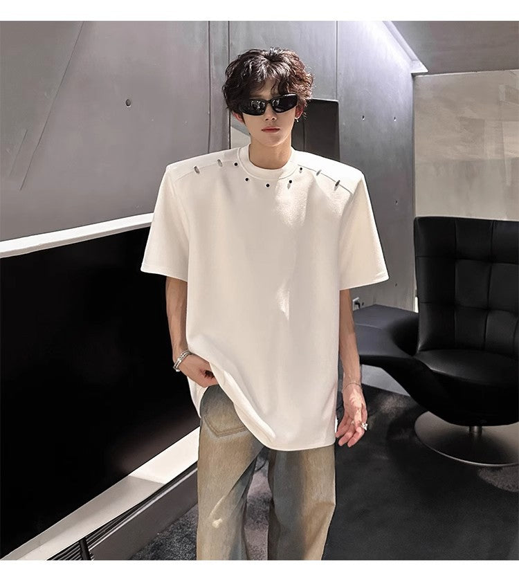 2025High-end Stylish Padded Shoulder Short Sleeve T Men's Summer Shirt with Unique Metal Decoration Design Heavyweight Top t T-shirt