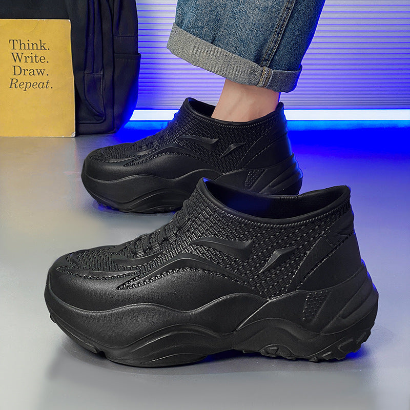 Kitchen Non-Slip Shoes for Men, Summer Breathable Thick Sole Pure Black Chef Waterproof Work Shoes, Outdoor Sports Fishing Rubber Shoes