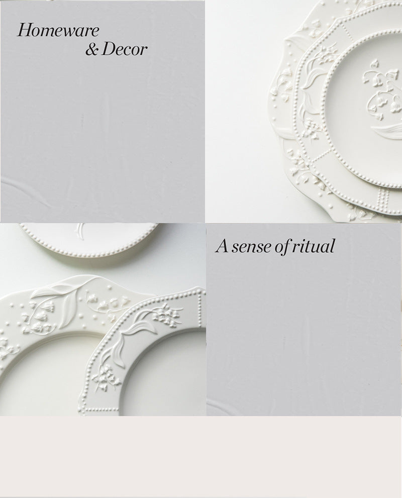 American Relief Lily of the Valley Series Lace Ceramic Western Pasta Plate Pastry Dessert Plate Deep Plate Household Dish Plate