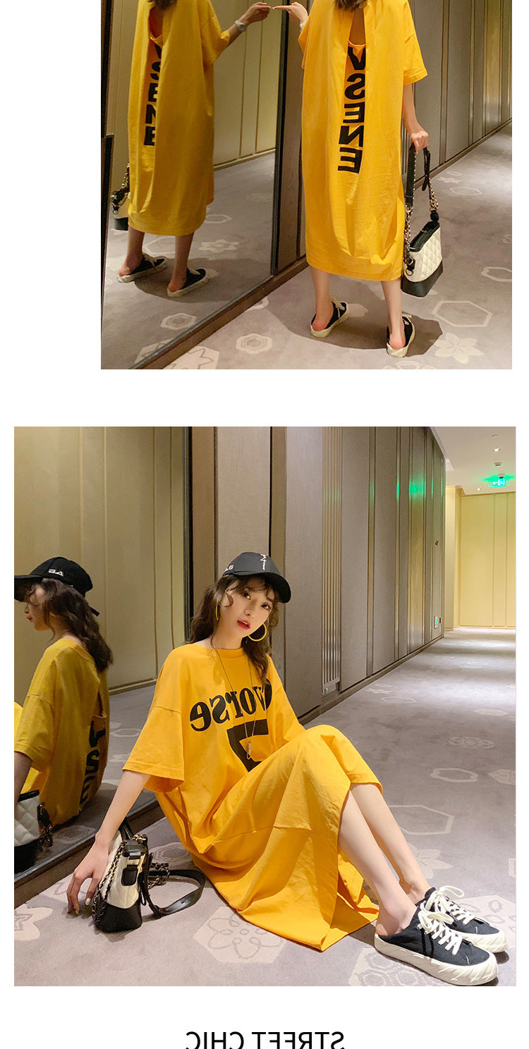Summer Korea200Jin Fat mm Dress Women's Long Backless Loose Maxi Dress Plus Size Short Sleeve Maternity T T-shirt Skirt