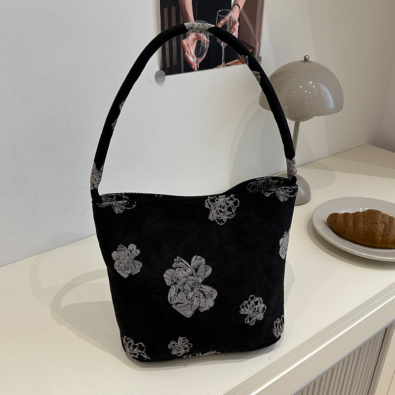 Lady's New Chinese Style Starlight Dream Tote Bag Black Shoulder Bag Embroidered Flower Vintage Handbag