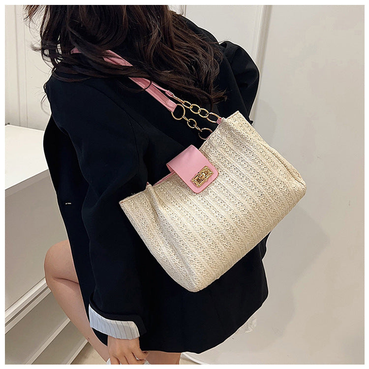 2025Women's Spring New Small Chanel Style Bag for Work Commute Versatile Straw Woven Large Capacity Wide Shoulder Strap Women's Single Shoulder Bag