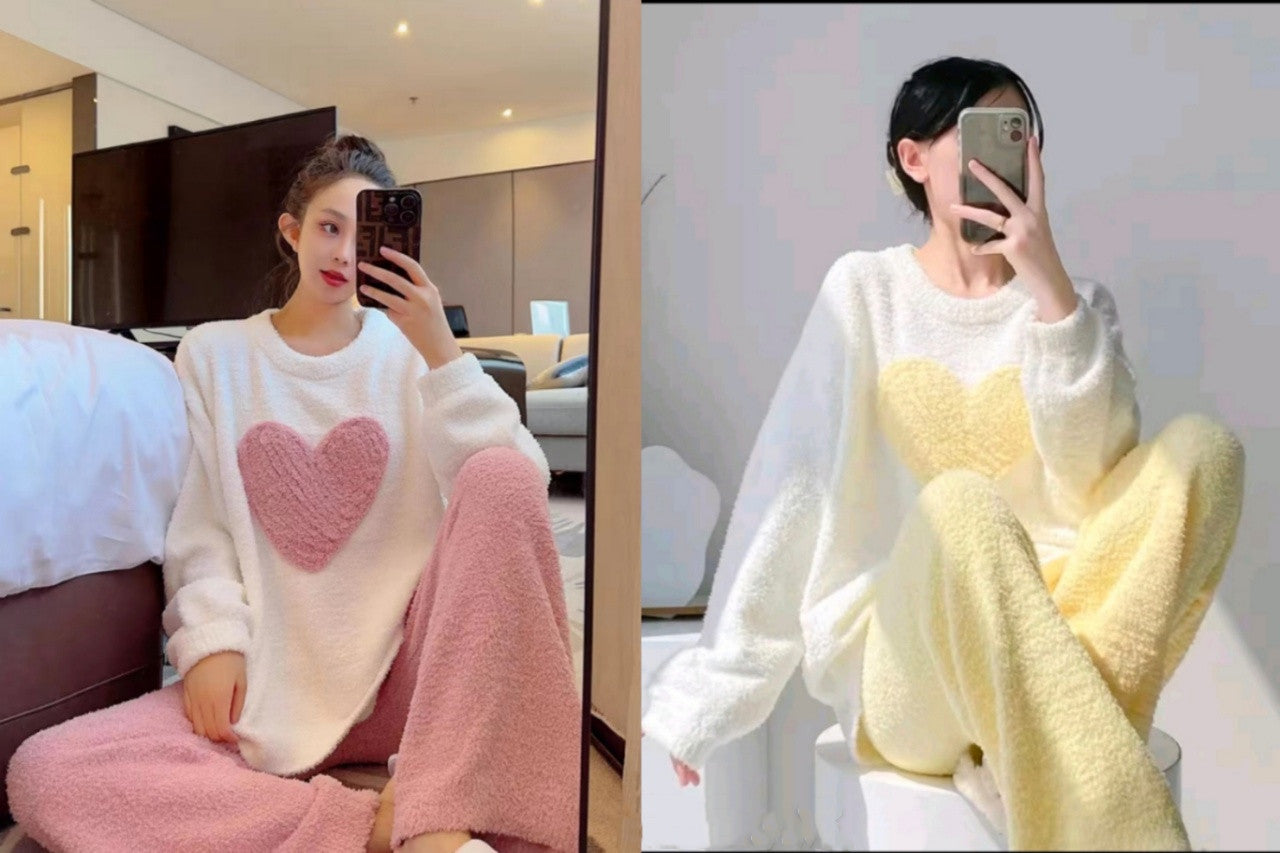 Winter New Heart Half-Fleece Pajamas for Women Loose Fit Fleece-Lined Warm Sweet Cute Style Homewear Two-Piece Set