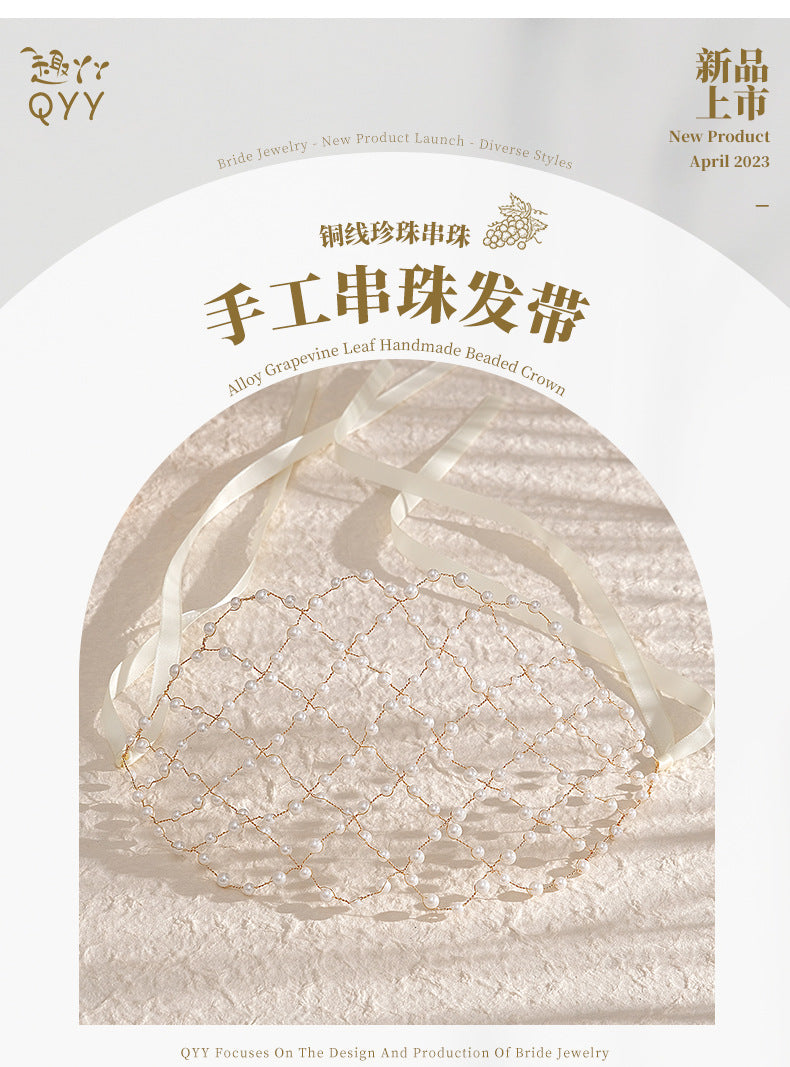 European and American Bride Accessories Wedding Dress Hairband Handmade Pearl Mesh Hair Press Headpiece Exotic Style Accessories Headband
