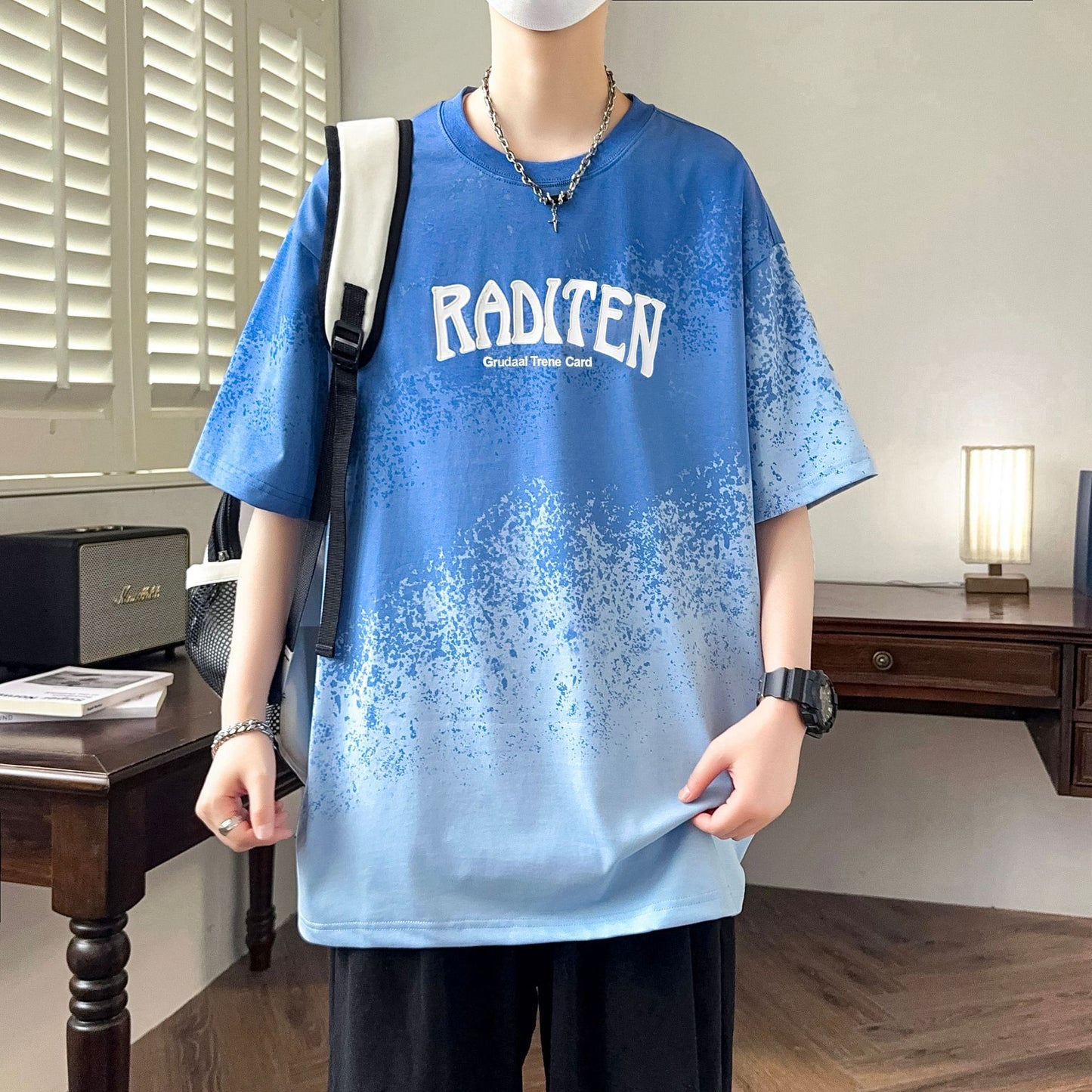 2025Summer New Men's Youth Casual Stylish Trendy Loose Short Sleeve T Shirt Gradient Color for Middle and High School Students