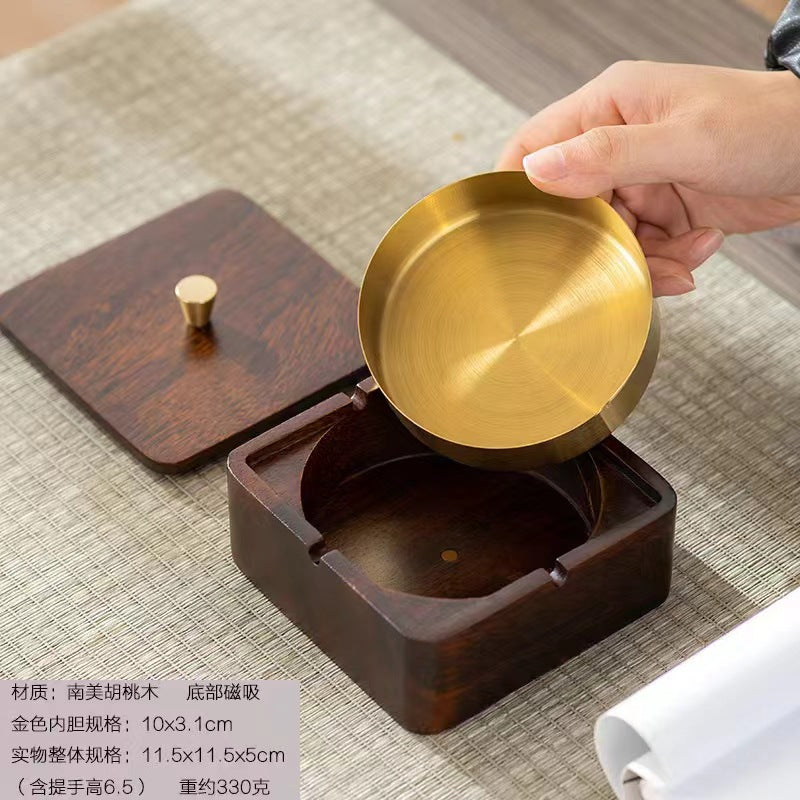 Walnut Ashtray for Home Living Room with Lid, Anti-Fly Ash, Stainless Steel Inner Liner, Creative Office Quality Ashtray