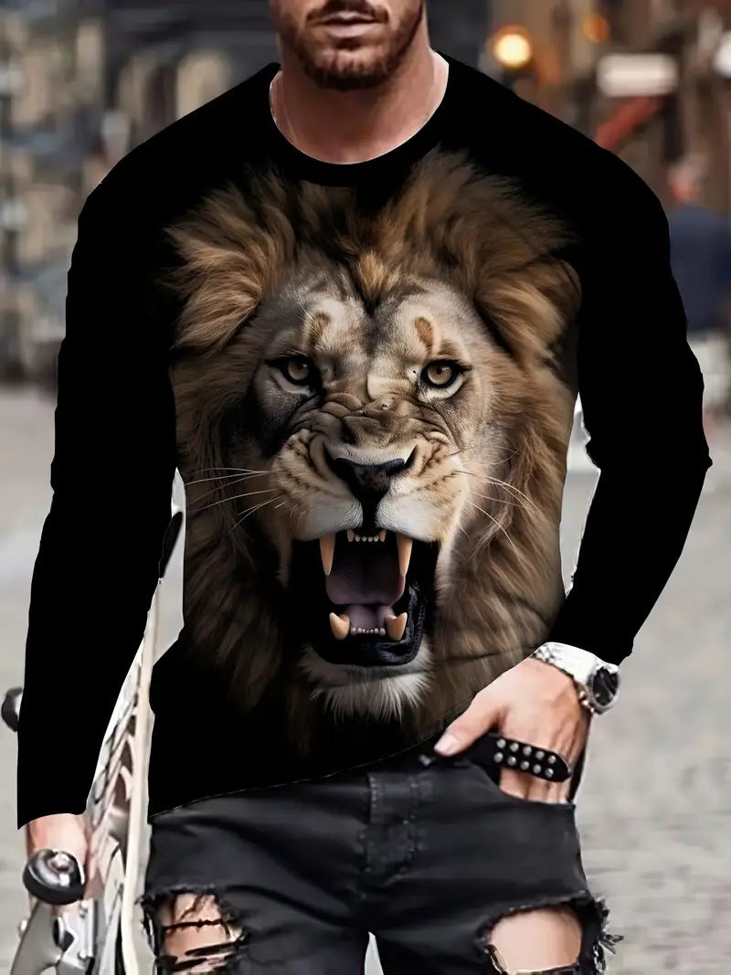 European and American Cross-Border Amazon Foreign Trade Men's Animal Fashion3D Digital Printing Casual Round Neck Long Sleeves T T-Shirt Wholesale