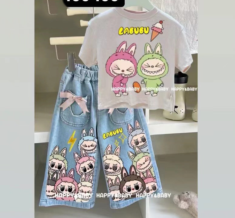 Girls' Bowknot Jeans2025New Style Children's Fashionable Wide-Leg Pants for Older Kids, Long Straight-Leg Pants