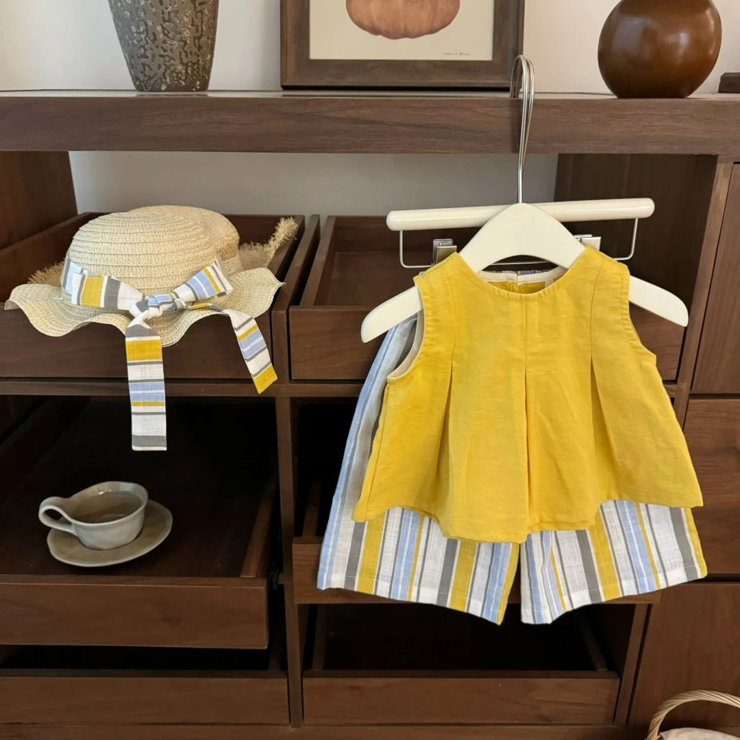 Girls retro Cotton and Linen Vest Set Summer Clothes2025New Korean Style Children's Sleeveless Doll Shirt Wide Leg Pants for Kids