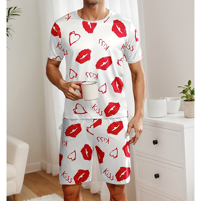Cross-Border Delivery2025New Summer Men's and Women's Shorts Casual Kiss Print Couple Set Loungewear