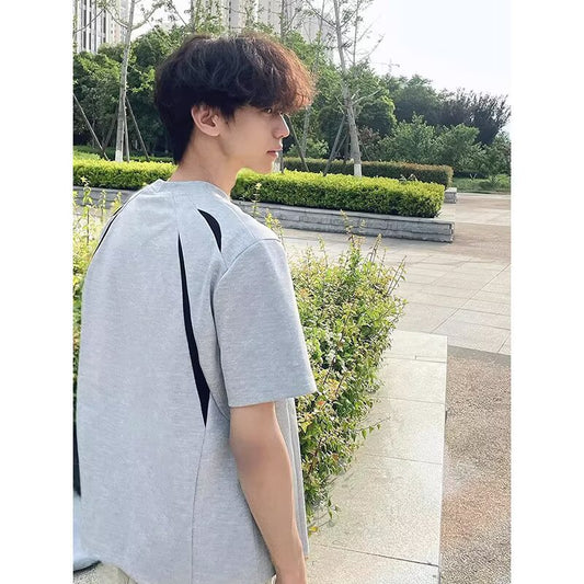 Gray Deconstructed Patchwork Design Short Sleeve Men's Summer Outfit Half Sleeve Top American Style Trendy Brand Regular Shoulder t T-shirt