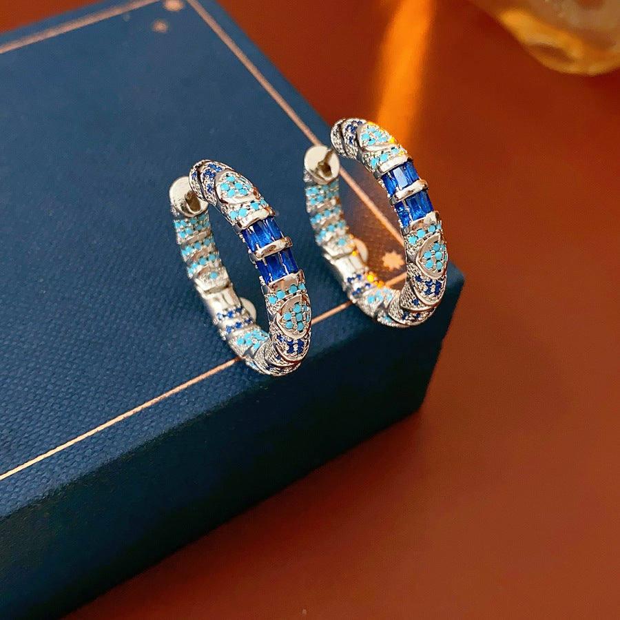 Medieval vintage Light Luxury Earrings Versatile Palace Style Zircon Round Ear Clips Niche High-end Fashion Earrings