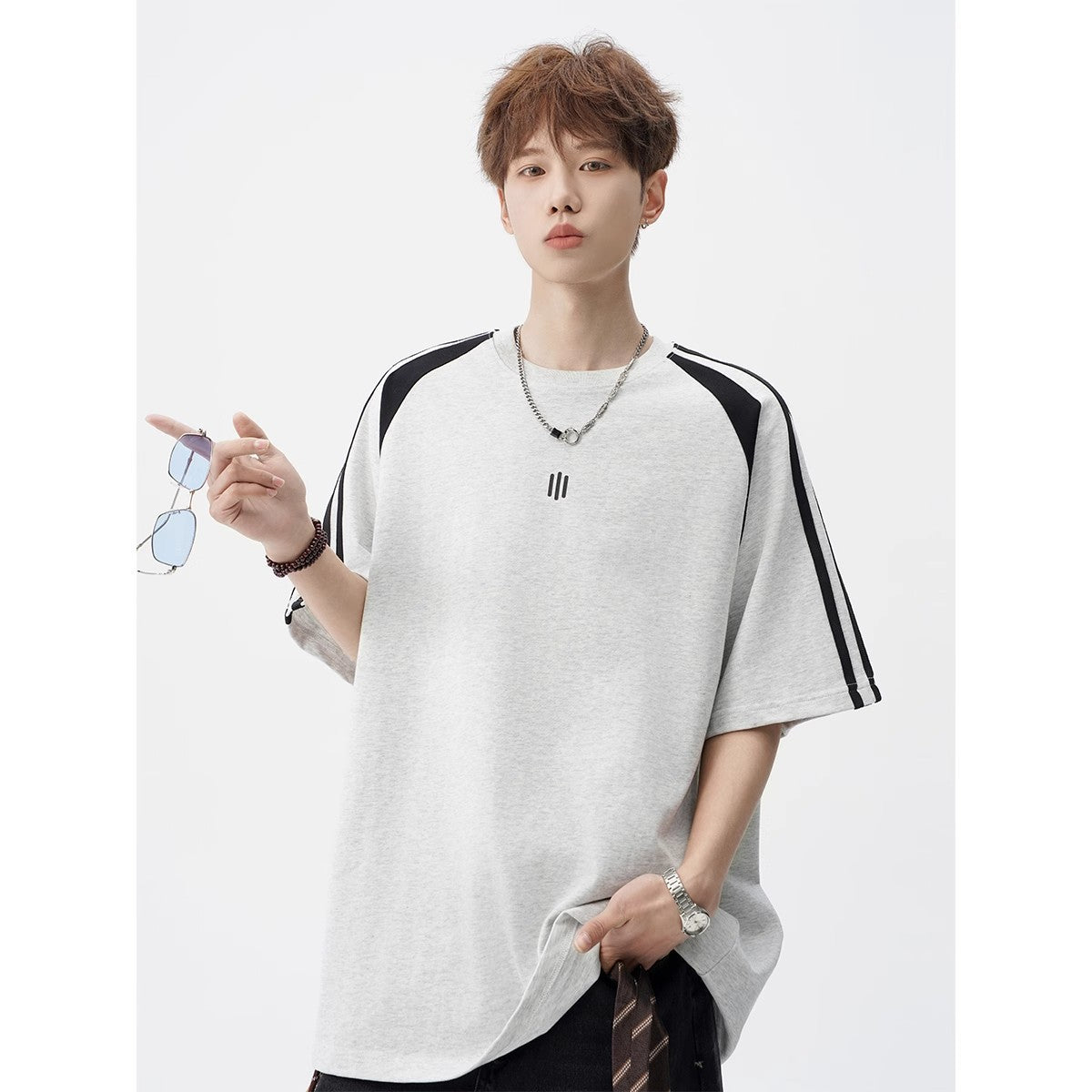 2025New Trendy Ice Silk Short Sleeves t Men's Round Neck Pullover Top Summer American Style Heavy Loose T-Shirt