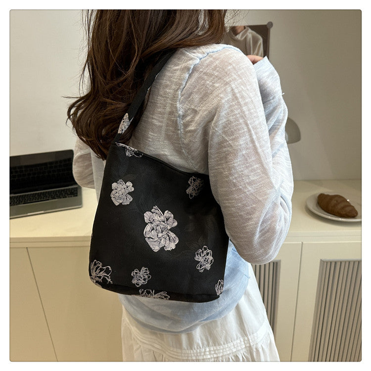 Lady's New Chinese Style Starlight Dream Tote Bag Black Shoulder Bag Embroidered Flower Vintage Handbag