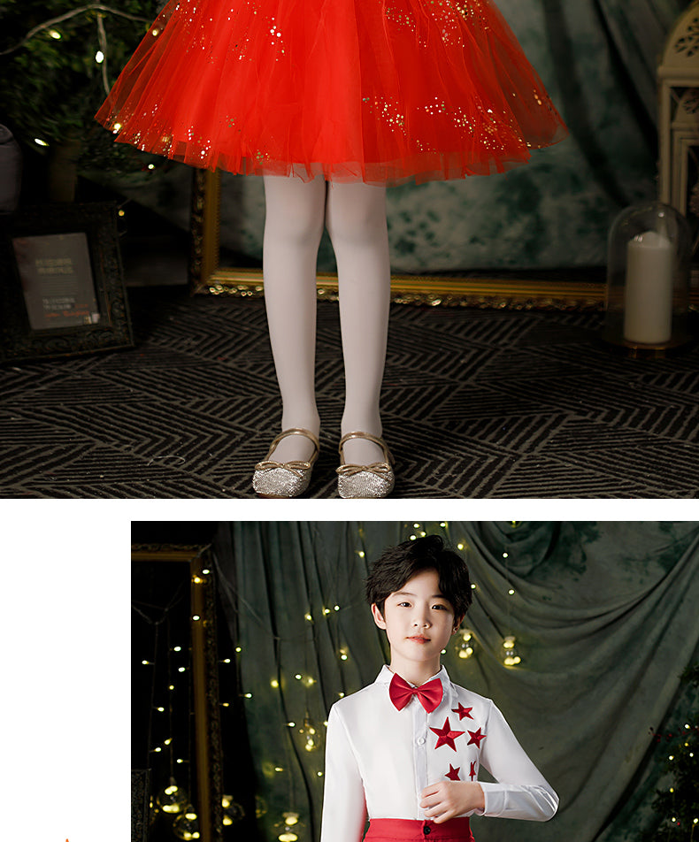 Children's Dance Costume for Children's Day, Red Theme Chorus, Poetry Recitation Performance Costume, Girls' Dress Set
