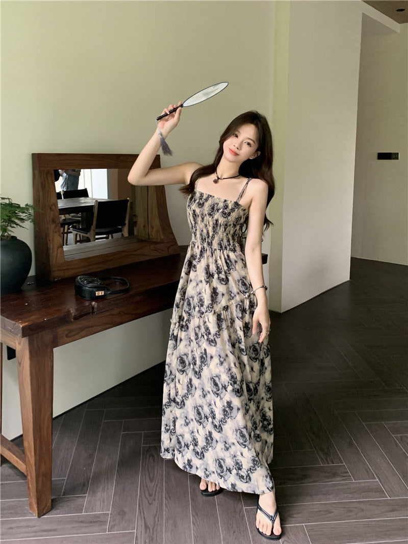 French Hepburn Style Plus Size Strap Dress Women's Summer Design Sense Elegant Waist-Cinching Black Floral Mid-Length Dress