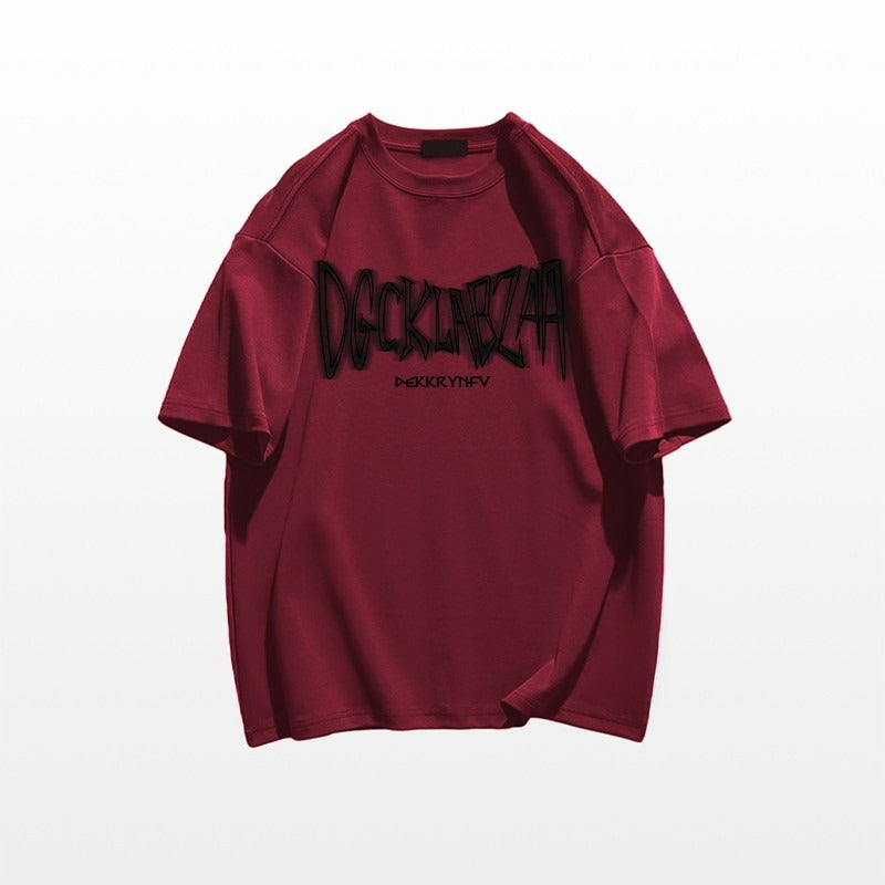 Heavy Cotton Wine Red Short Sleeve t Men's Summer T-shirt2025New American High Street Style T Loose Casual T-Shirt