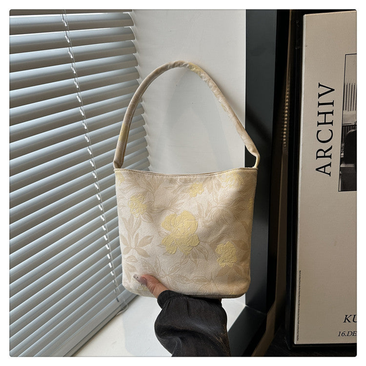Lady's New Chinese Style Starlight Dream Tote Bag Black Shoulder Bag Embroidered Flower Vintage Handbag