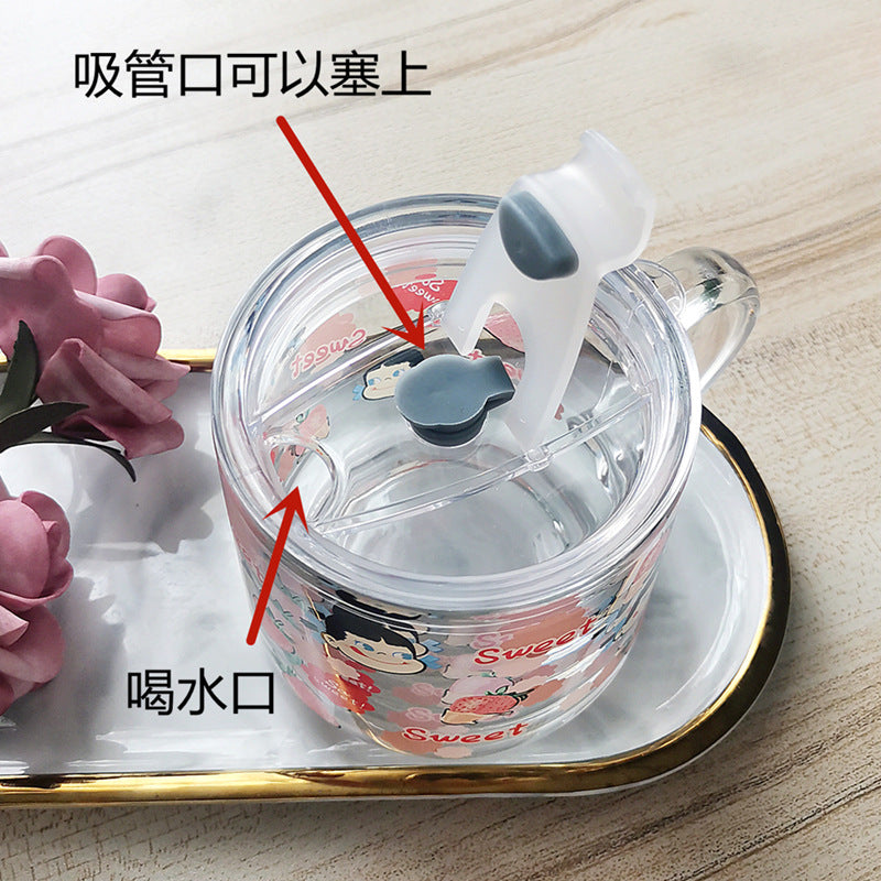 ins Glass Cup with Straw Milk Breakfast Cup Cute Cartoon Graduated Cup with Lid Spoon Gift Customization logo