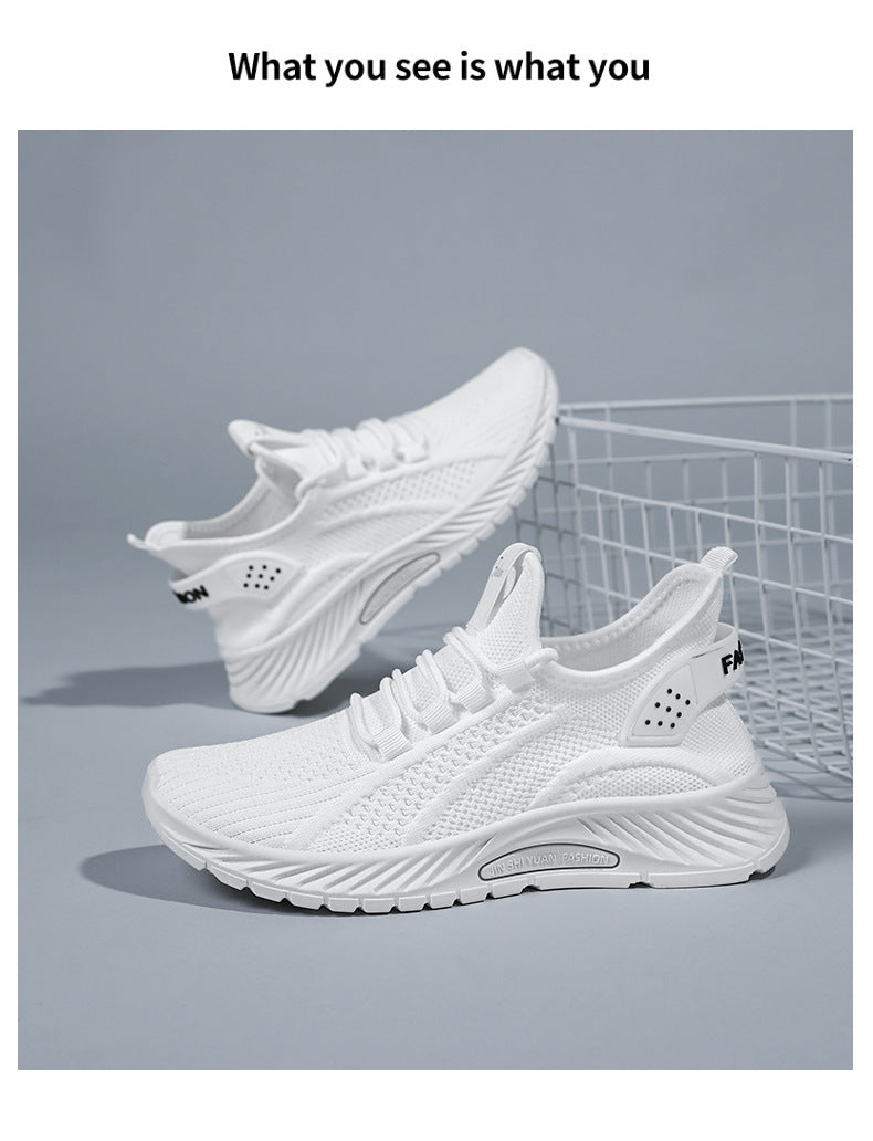 White Flyknit Soft Sole Running Shoes for Women, Summer New Versatile Lightweight Sneakers, Breathable Casual Sports Shoes