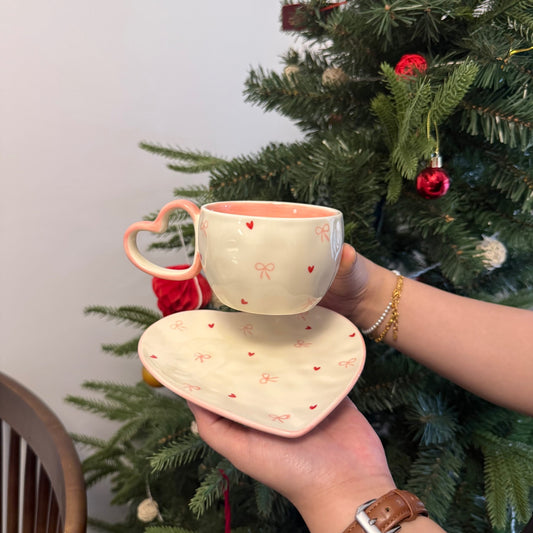 Korean Style ins Wind Hand-painted Heart Ceramic Cup and Saucer Hand Pinched Irregular Heart-Shaped Coffee Cup and Saucer Afternoon Tea Cup and Saucer
