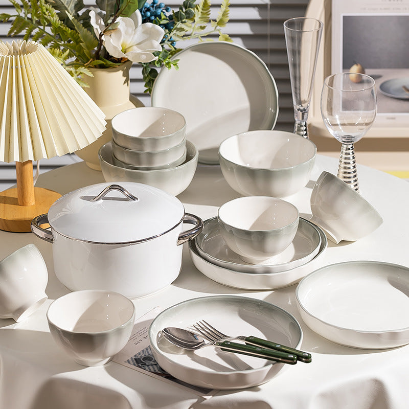 Nordic Style Gradient Color Bowl and Plate Set for Home Use, Thickened Lace Ceramic Tableware, Bowl and Plate Combination, Underglaze Color Bowl Set