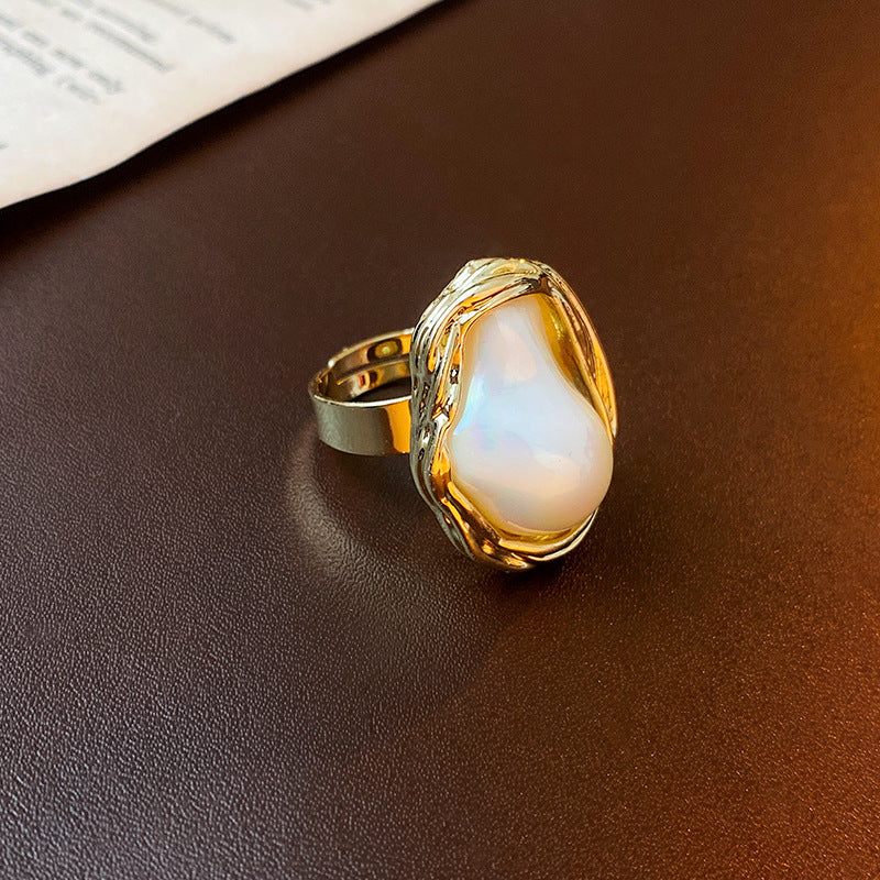 Real Gold Plated Baroque Pearl Tulip Flower Open Ring Korean Fresh Sweet Forest Style Light Luxury Jewelry