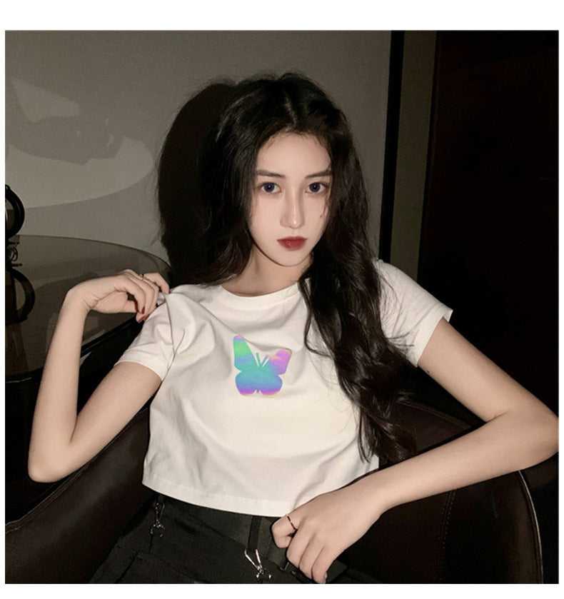 Summer2025New Year's Trendy Internet Celebrity Couple Outfit Reflective Butterfly Short Sleeve t Women's Summer T-shirt ins Super Popular Short Top