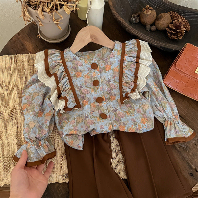 Sweet Little Girl Autumn Outfit Set New Fashionable Retro Autumn Children's Flared Pants Autumn Style Internet Celebrity Children's Clothing