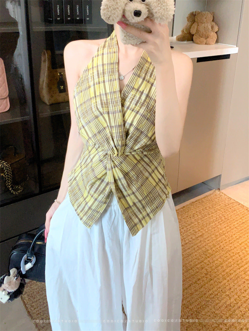 Summer2025New Korean Retro Plaid Knot Waist Slimming Elegant Halter Top Women's Camisole Trendy
