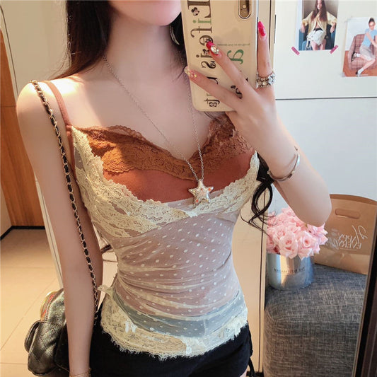 Lace Patchwork Mesh Fake Two-Piece Design Camisole with Chest Pads for Women, Slim Fit, Wearable Outside Top for Hot Girls