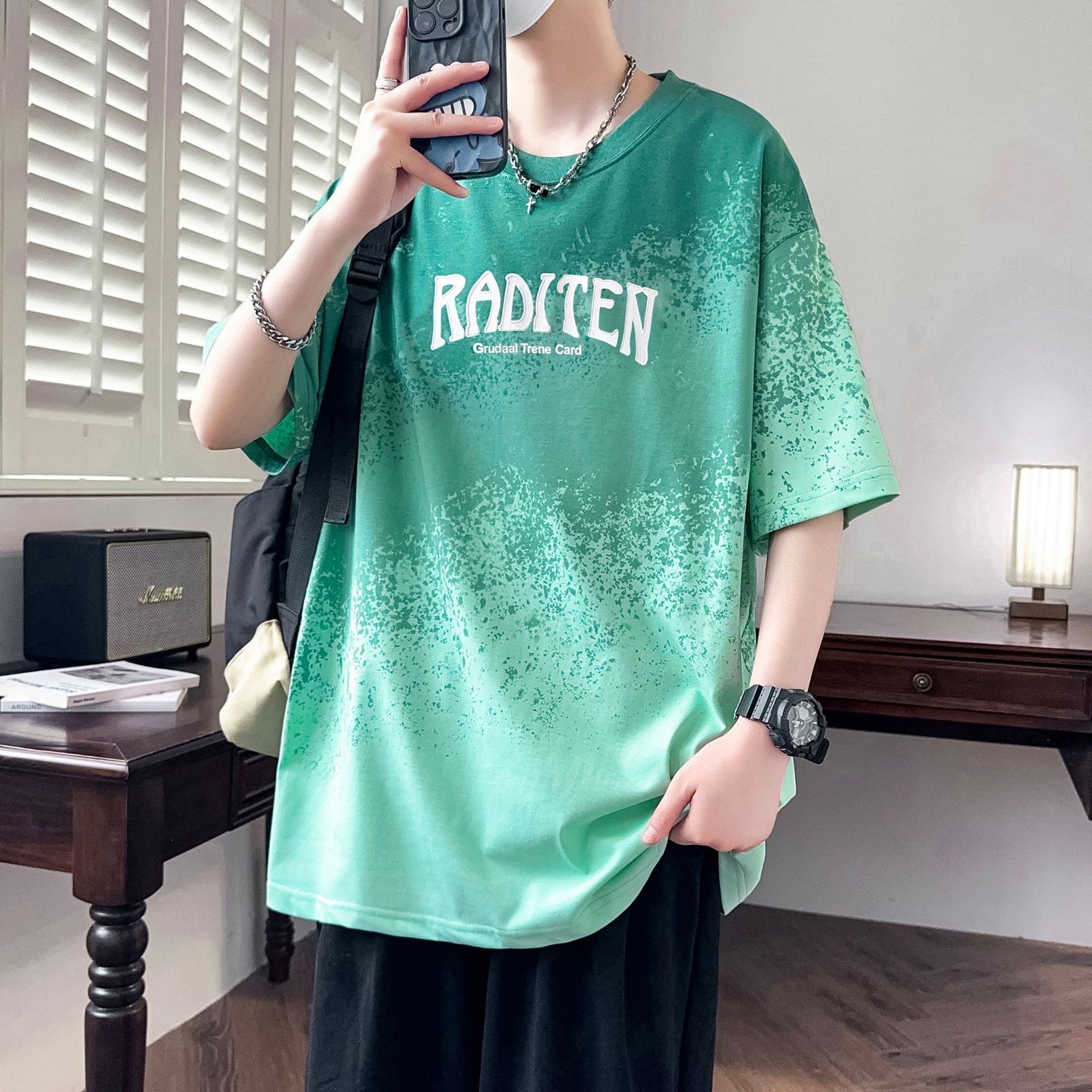 2025Summer New Men's Youth Casual Stylish Trendy Loose Short Sleeve T Shirt Gradient Color for Middle and High School Students
