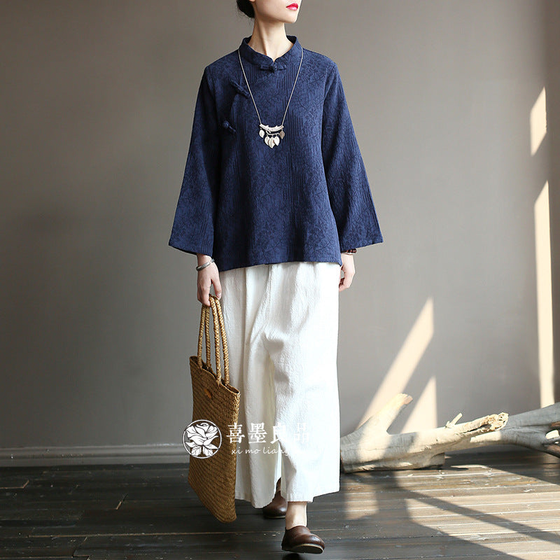 8813Xi Mo Women's Clothing Republic of China Retro Artistic Spring and Autumn New Double Layer Jacquard Button Shirt Chinese Style Short Top